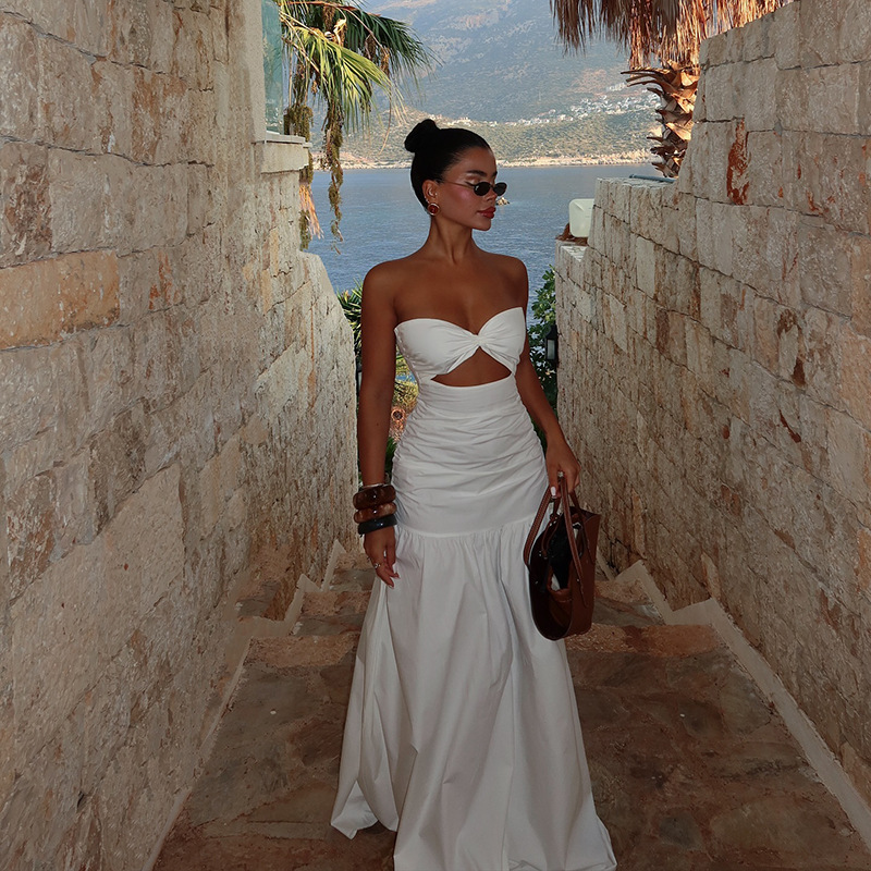 Women Summer Women Beach Holidays Strapless Hollow Dress