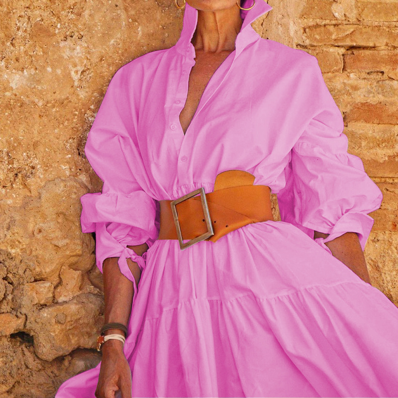 Spring Women's Fashion Chic Turndown Collar Long Sleeve Casual Midi Dress