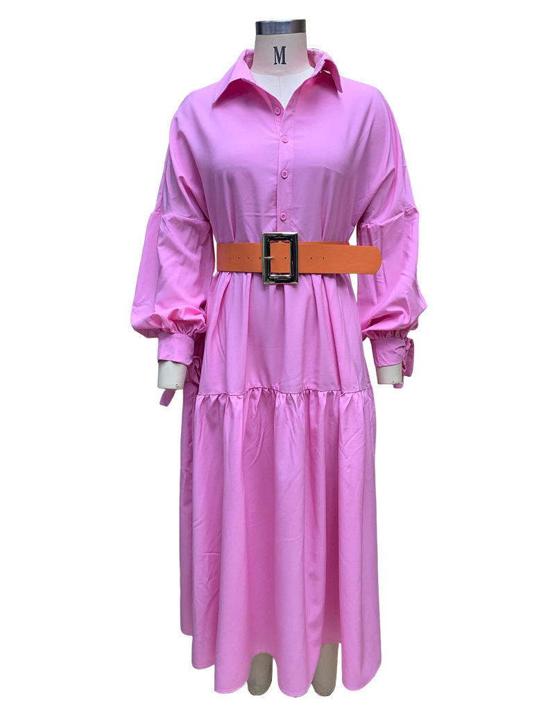 Spring Women's Fashion Chic Turndown Collar Long Sleeve Casual Midi Dress