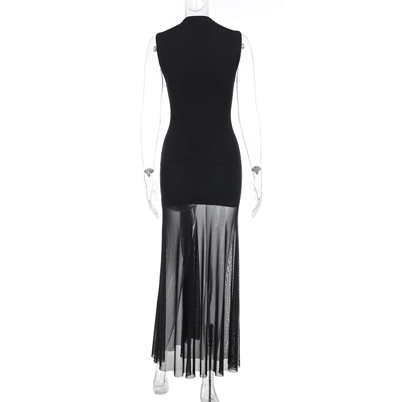 Women Summer Sexy Ribbon Half High Neck Sleeveless Dress