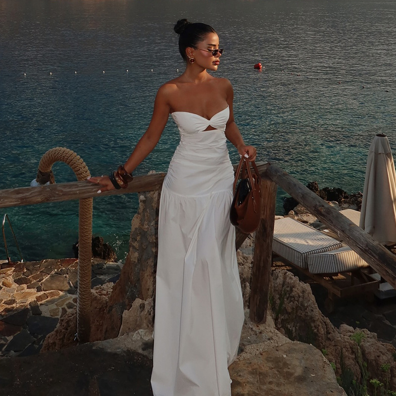 Women Summer Women Beach Holidays Strapless Hollow Dress