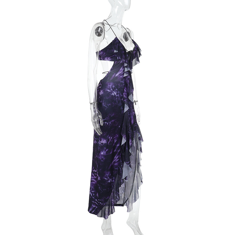 Women Spring Sexy Ruffle V Neck Print Slit Dress