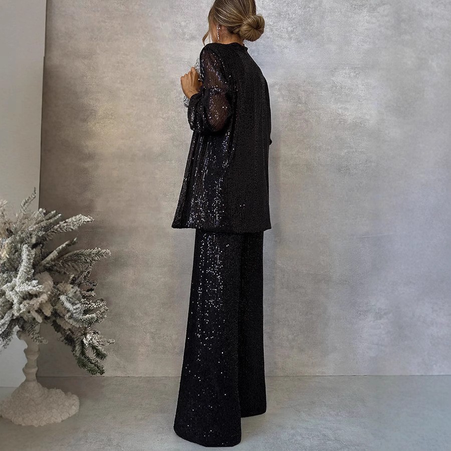 Women's Sequin Long Sleeve Two Piece Pants Set Chic Outerwear