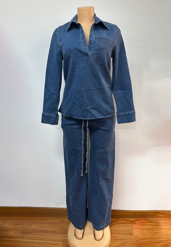 Women Denim Long Sleeve Turndown Collar Pocket Top and Lace-up Pants Two Piece Set