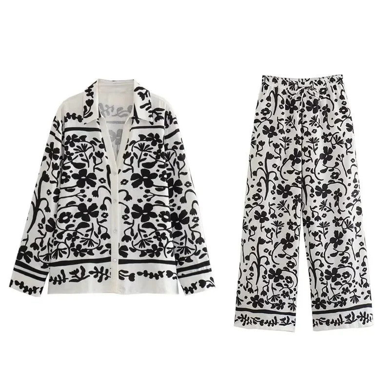 Women Turndown Collar long-sleeved single-breasted printed shirt wide-leg pants Two Piece Set