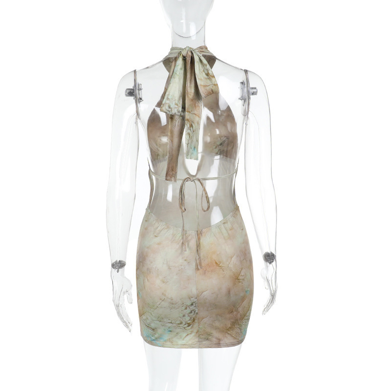 Women Sexy Hollow Print Halter Neck Backless Bodycon Dress