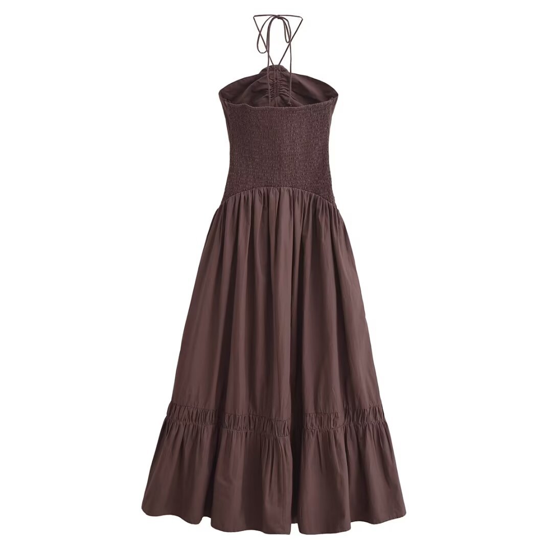 Women summer solid sleeveless Halter Neck lace-up flower dress