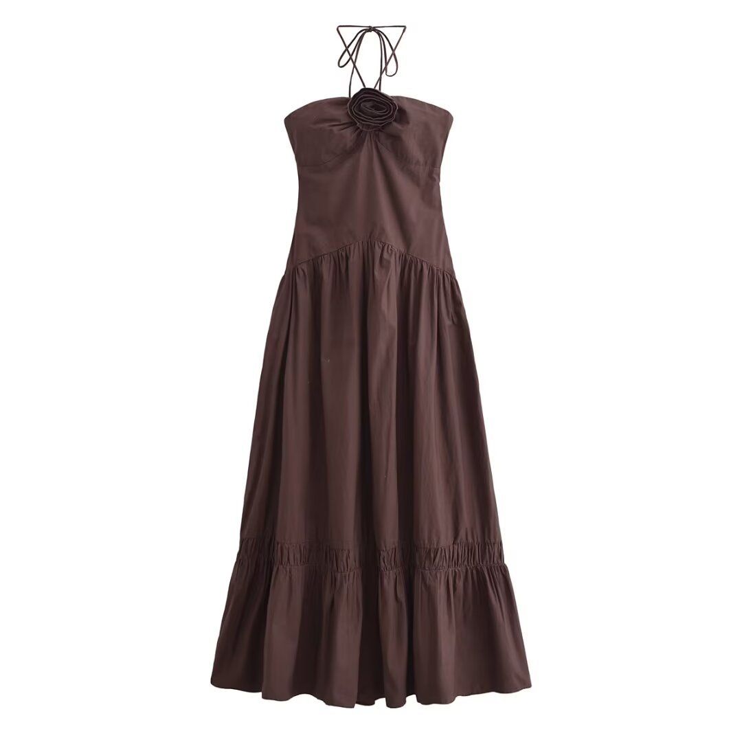 Women summer solid sleeveless Halter Neck lace-up flower dress