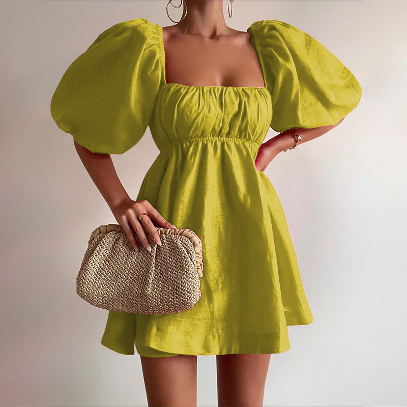 Spring Women's Fashion Square Neck Puff Sleeve Linen Dress