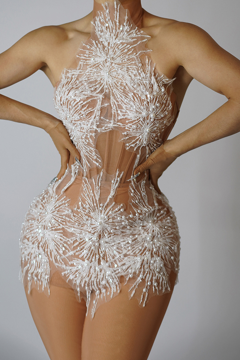 Fashion Halter Neck Strap Mini Dress Nude See-Through Sexy Party Dress