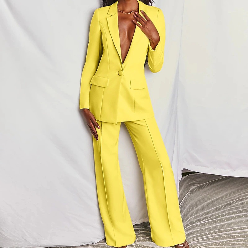 Spring Women's Fashion Chic Long Sleeve Blazer With Straight Pants Set