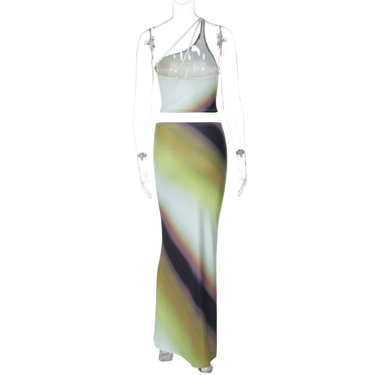 Women's Summer Gradient One-Shoulder Low-Back Top Casual Slim Long Skirt Set