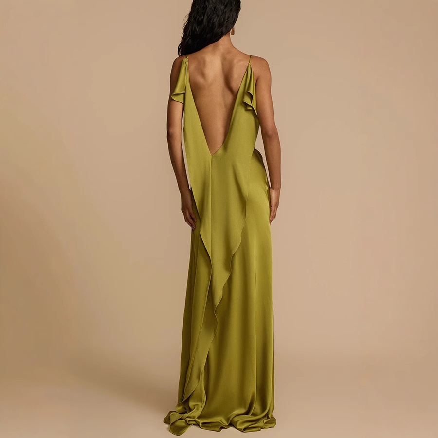 Spring/Summer Strap Backless Slit Dress Casual Loose Satin Holiday Dress