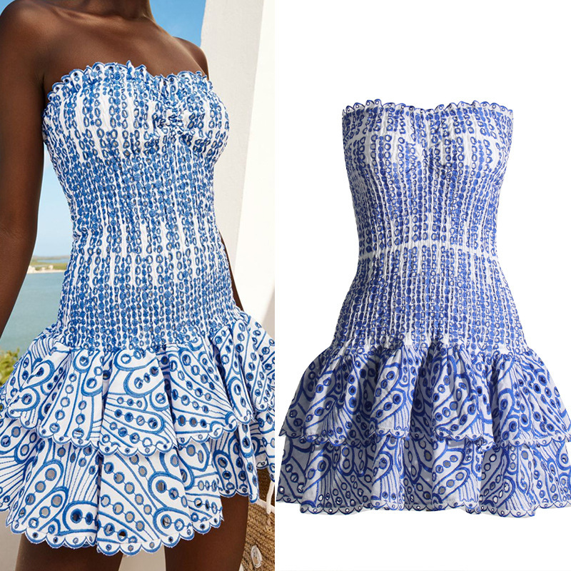 Bohemian Holiday Strapless Slim Waist Mini Cascading Ruffles Dress