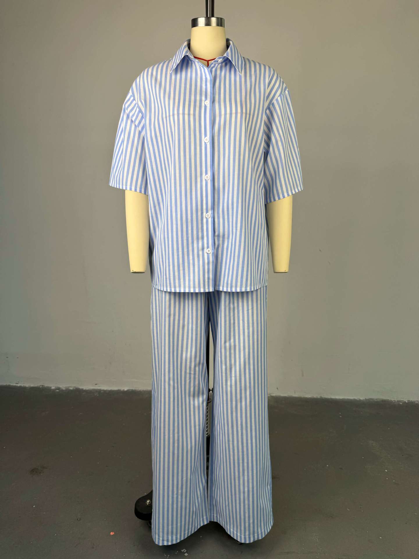 Women Summer Casual Turndown Collar Three-quarter Sleeve Striped Shirt and PantsTwo Piece Set