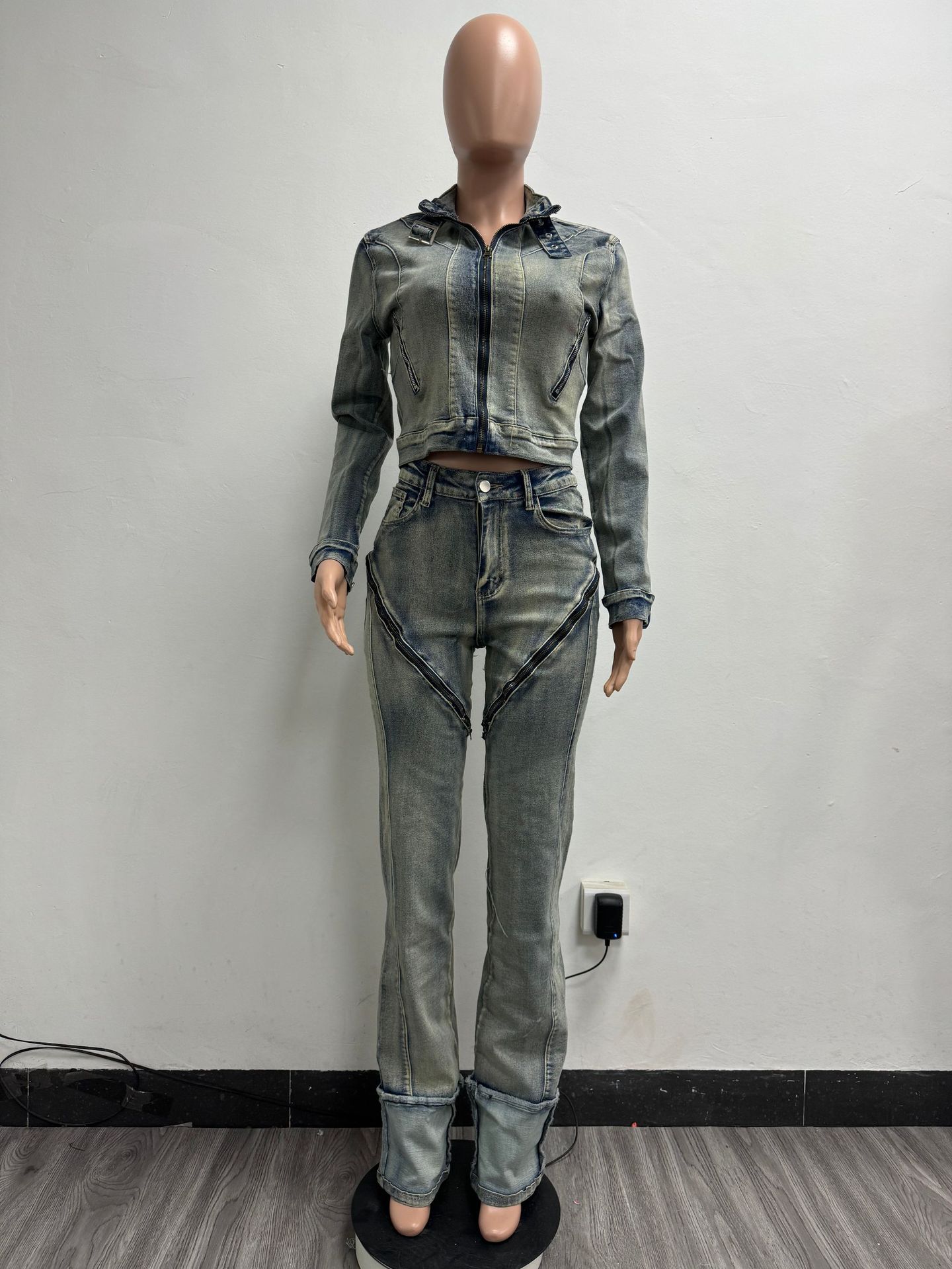 Women Spring Sexy Stretch Washed Zipper Denim Jacket Top and PantsTwo Piece Set