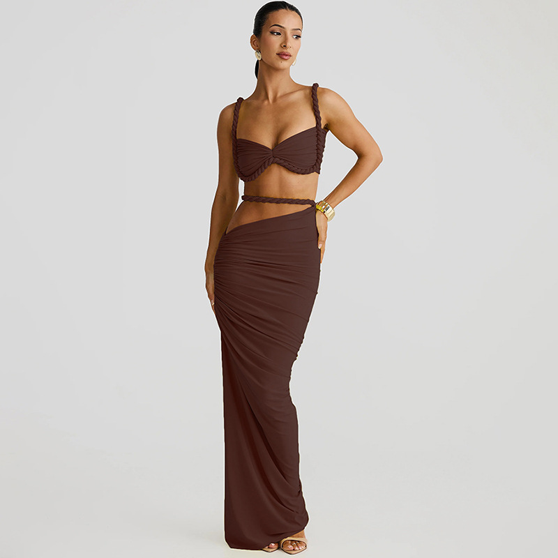 Women Spring Sexy Solid Backless Top and Bodycon Skirt Two-piece Set